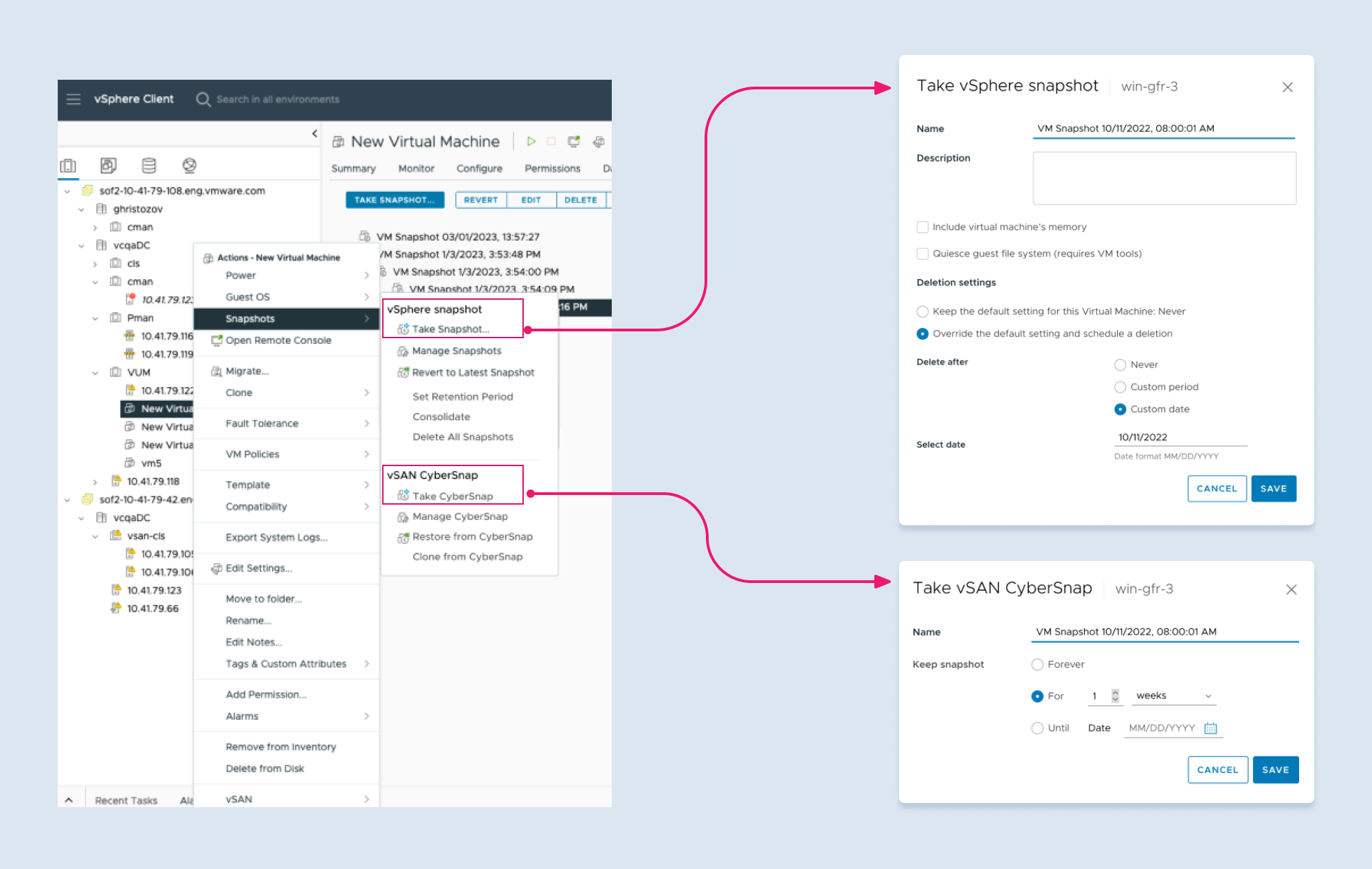 vSAN CyberSnap actions surfaced in existing vSphere right-click context