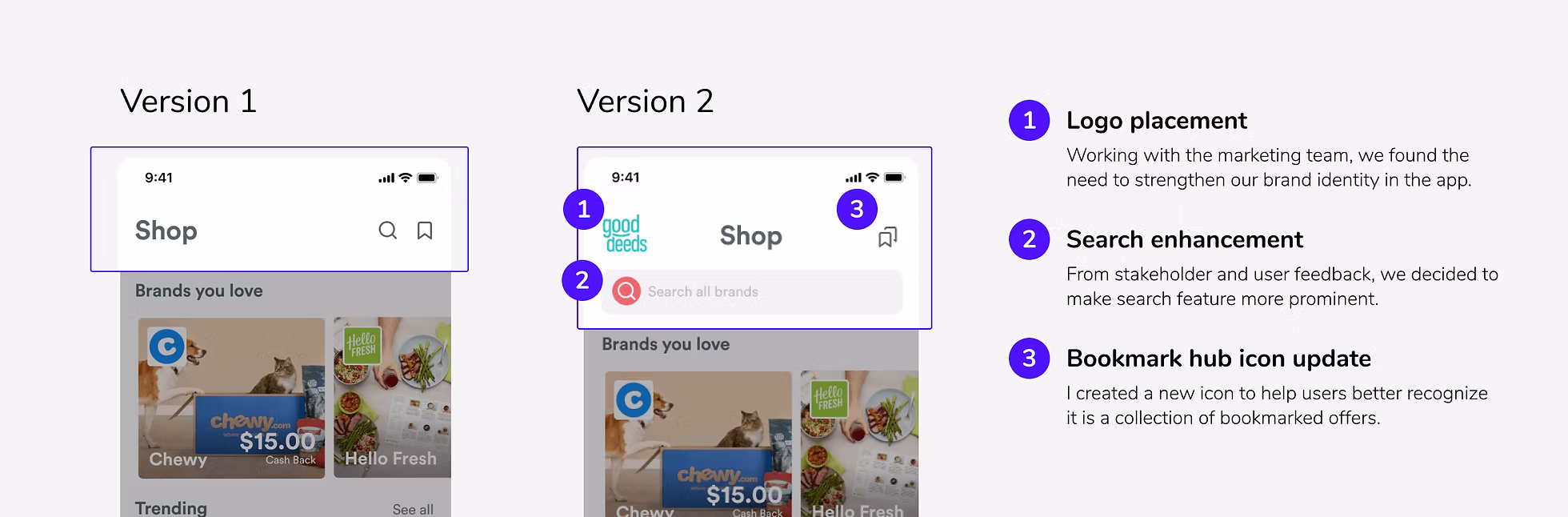 Header bar iteration — Version 1 vs Version 2