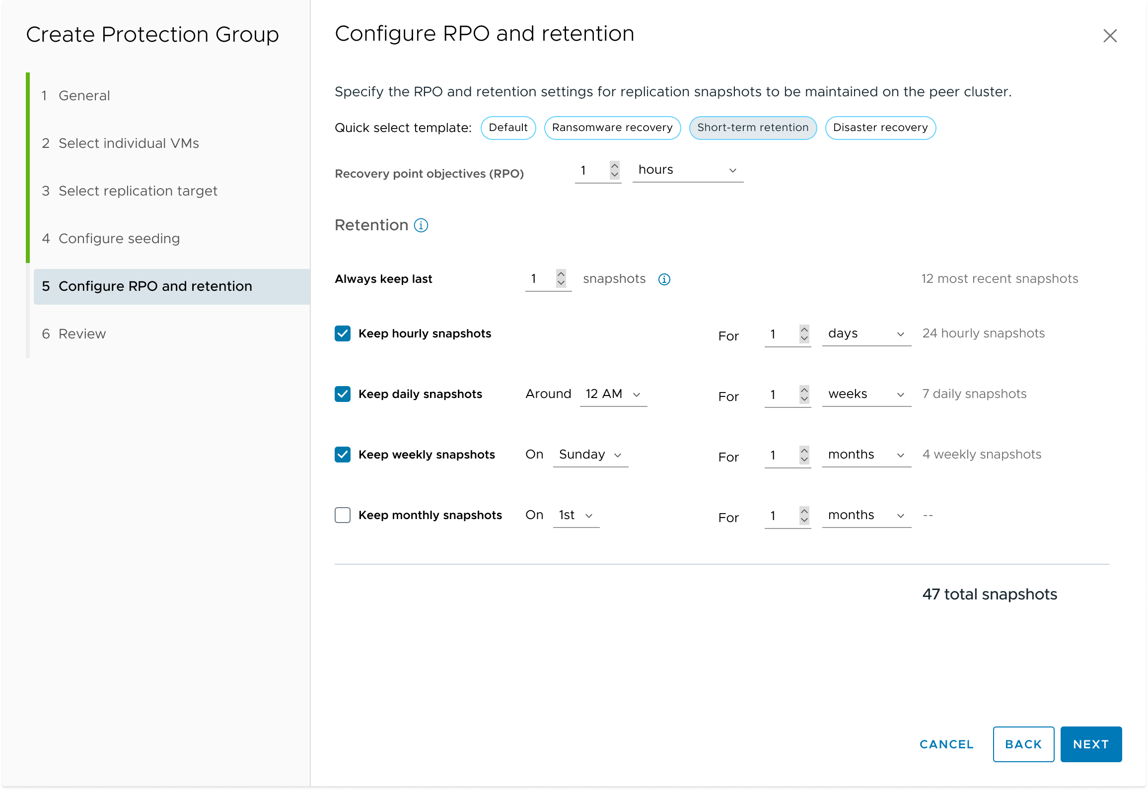 RPO and retention configuration with quick-select templates