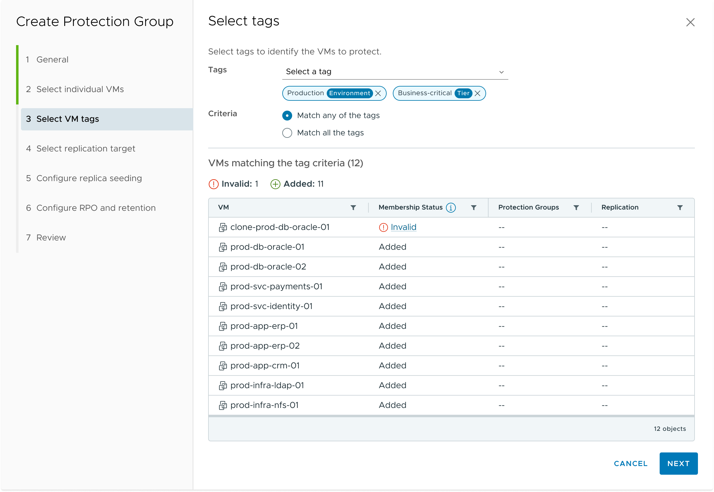 Protection Group tag-based VM membership
